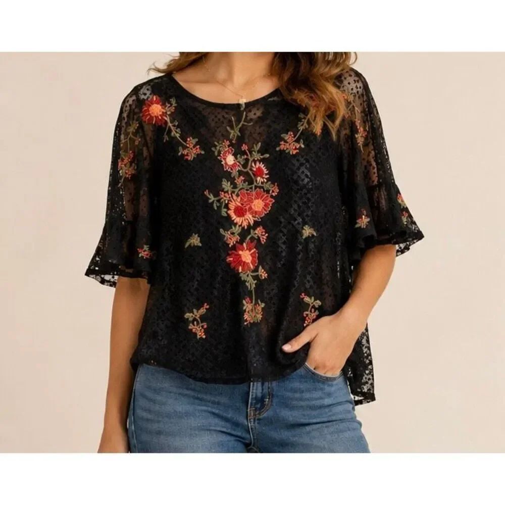 Maeve Anthropologie Black Floral Embroidered Lace Blouse Top Medium Boho